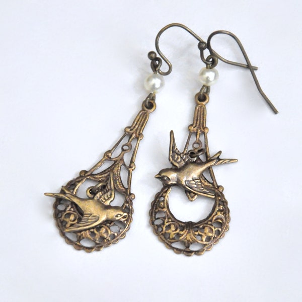 Antiqued Brass Bird Earrings, Ivory Pearl Earrings, Teardrop Hoop, Asymmetric Earrings, Victorian Bird Jewelry, Sparrow Swallow, Art Nouveau