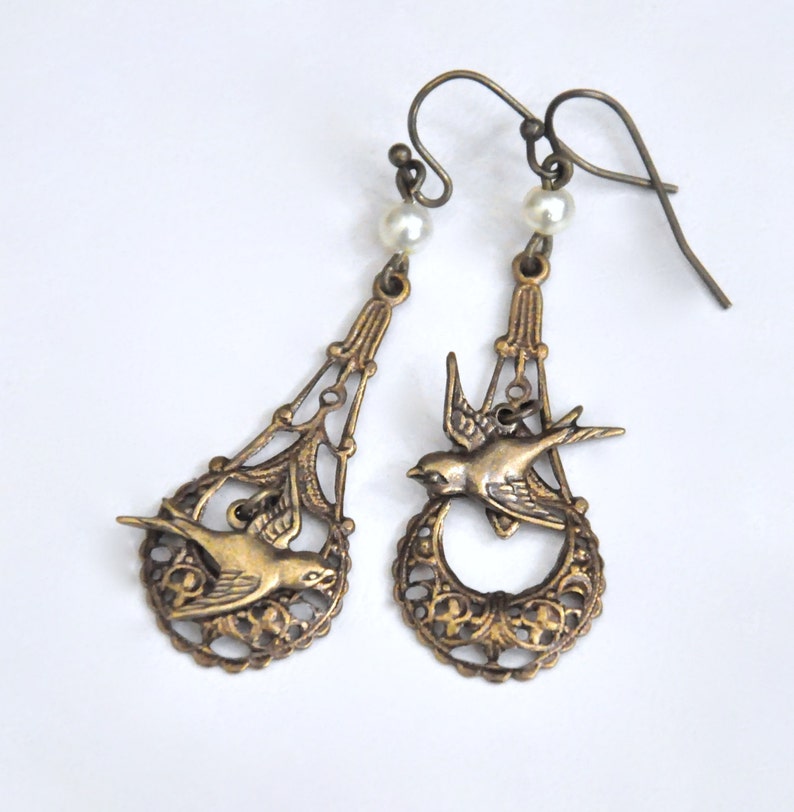 Antiqued Brass Bird Earrings, Ivory Pearl Earrings, Teardrop Hoop, Asymmetric Earrings, Victorian Bird Jewelry, Sparrow Swallow, Art Nouveau image 1