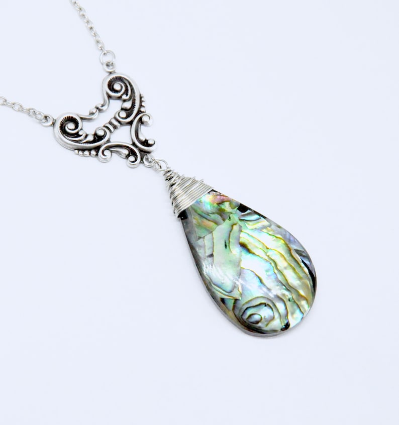 Large Paua Shell Necklace Abalone Necklace Romantic Paua Shell Jewelry Antique Silver Teardrop Pendant Necklace Heart Filigree