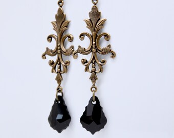 Victorian Baroque Crystal Earrings: Antique Brass Filigree, Gothic Jewelry