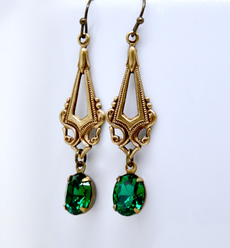 Antique Brass Filigree Earrings May Birthstone Jewelry Gift Art Deco Emerald Earrings Green Crystal Dangle Earrings