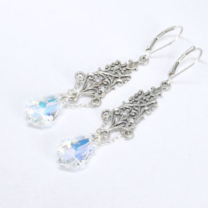Sterling Silver Chandelier Earrings: Aurora Borealis Swarovski Crystal, Art Deco Bridal Jewelry