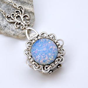 Blue Opal Locket Necklace, Silver 4 Picture Locket, Antique Silver Opal Necklace, 4 Photo Locket, Four Way Locket, Blue Necklace, Filigree