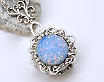 Blue Opal Locket Necklace: Antique Silver Filigree 4-Photo Pendant