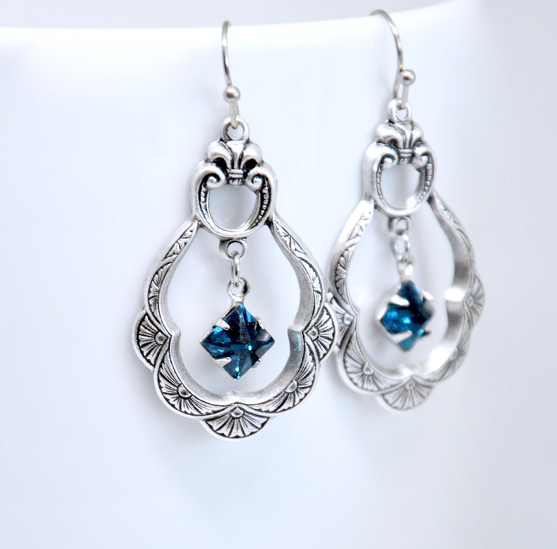 Art Deco Earrings Blue Crystal Earrings Montana Sapphire Hoop Earrings Silver Sapphire Earrings Smoky Blue Earrings Victorian Jewelry