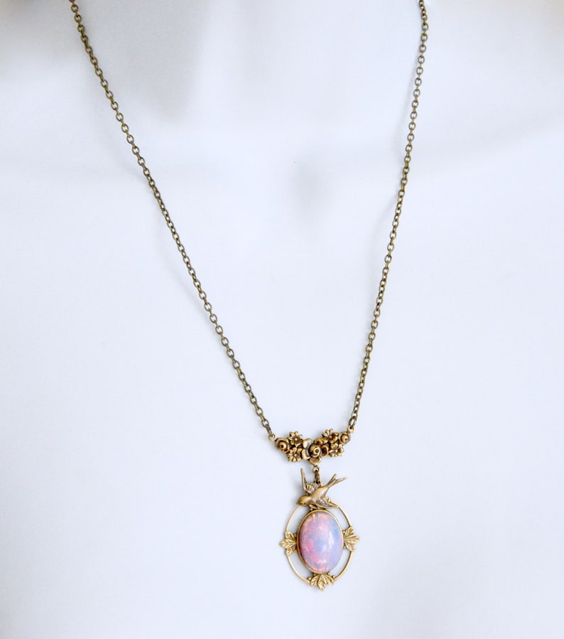 Pink Fire Opal Necklace Flying Bird Necklace Antique Brass - Etsy