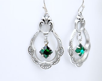 Emerald Hoop Earrings: Green Rhinestone Dangle Earrings, Antiqued Silver, Art Deco Vintage Style, May Birthstone Jewelry