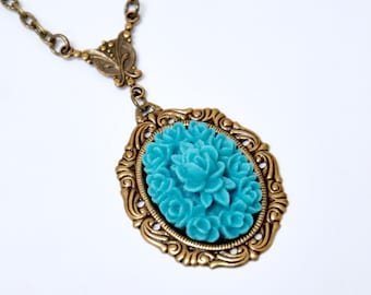 Floral Cameo Necklace, Blue Flower Necklace, Lotus Flower Pendant Necklace, Antique Brass, Rose, Victorian Jewelry, Art Nouveau Style