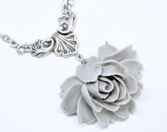 Gray Rose Necklace, Antique Silver Rose Necklace, Large Rose Pendant Necklace, Flower Necklace, Bohemian Jewelry, Victorian Style Necklace