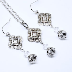 Quatrefoil Necklace Earring Set: Clear Crystal Beads, Antiqued Silver Clover Connectors, Victorian Vintage Style Jewelry image 3