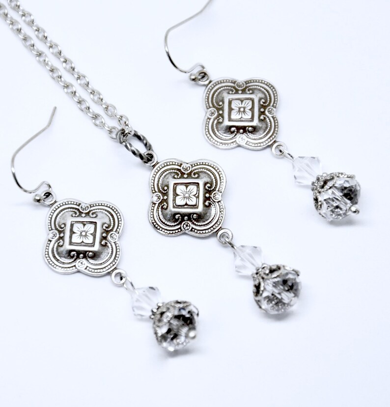 Quatrefoil Necklace Earring Set: Clear Crystal Beads, Antiqued Silver Clover Connectors, Victorian Vintage Style Jewelry image 3