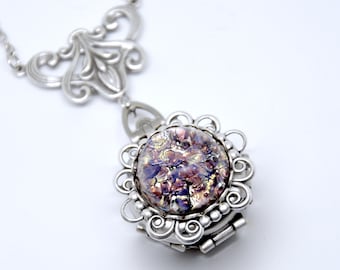 Amethyst Fire Opal Locket Necklace: Antique Silver 4-Photo Pendant