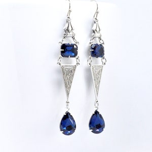 Art Deco Montana Sapphire Earrings, Extra Long Statement Earrings, Antiqued Silver, Blue Rhinestone Earrings, Teardrop Crystal, Geometric