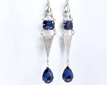 Art Deco Montana Sapphire Earrings, Extra Long Statement Earrings, Antiqued Silver, Blue Rhinestone Earrings, Teardrop Crystal, Geometric