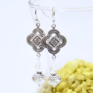 Quatrefoil Necklace Earring Set: Clear Crystal Beads, Antiqued Silver Clover Connectors, Victorian Vintage Style Jewelry image 2