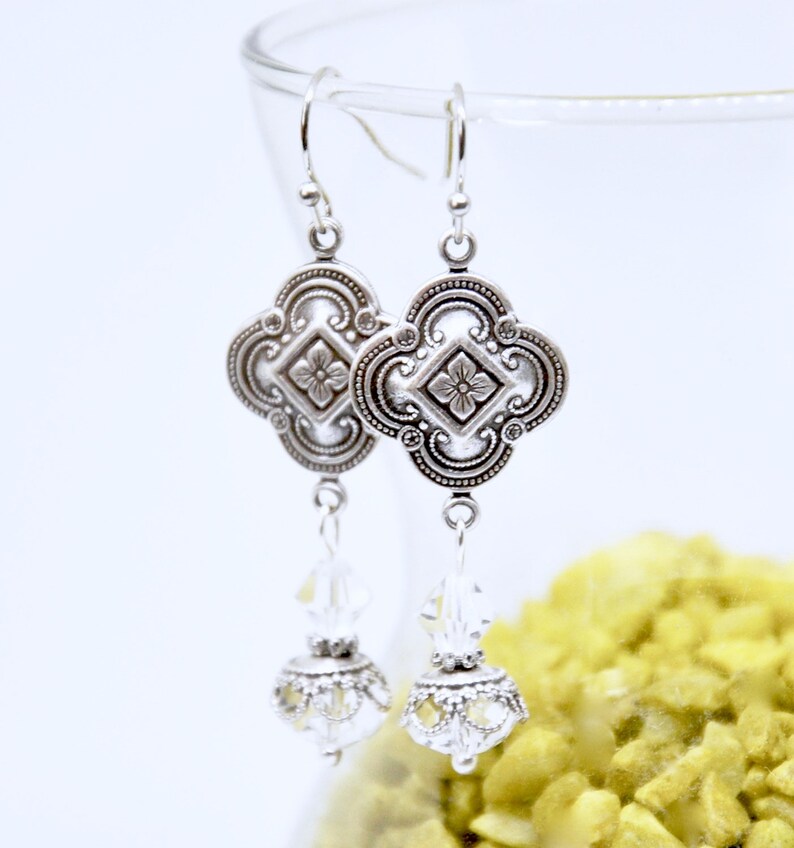 Quatrefoil Necklace Earring Set: Clear Crystal Beads, Antiqued Silver Clover Connectors, Victorian Vintage Style Jewelry image 2