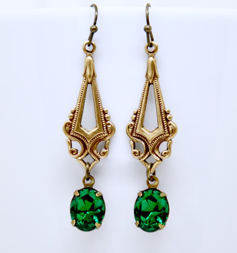 Antique Brass Filigree Earrings May Birthstone Jewelry Gift Art Deco Emerald Earrings Green Crystal Dangle Earrings