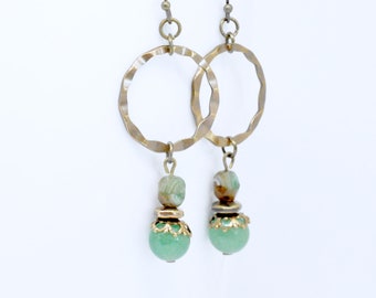 Bohemian Hoop Earrings, Green Jade Dangle Earrings, Rustic Beaded Earrings, Antiqued Brass Hoops, Green and Brown,  Boho Rustic Jewelry