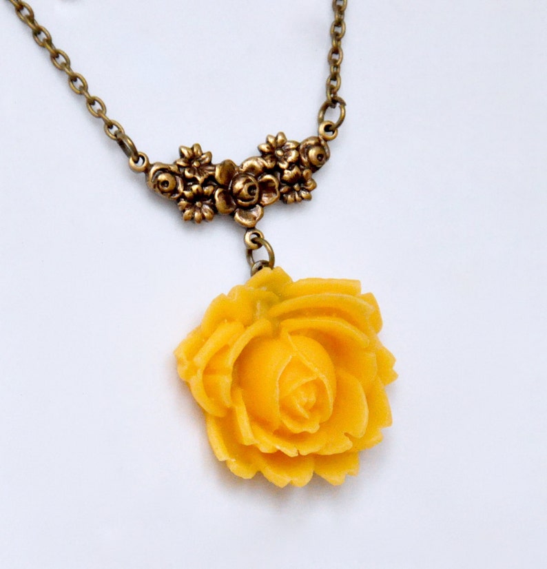 Yellow Rose Pendant Necklace Yellow Flower Necklace Antiqued Etsy