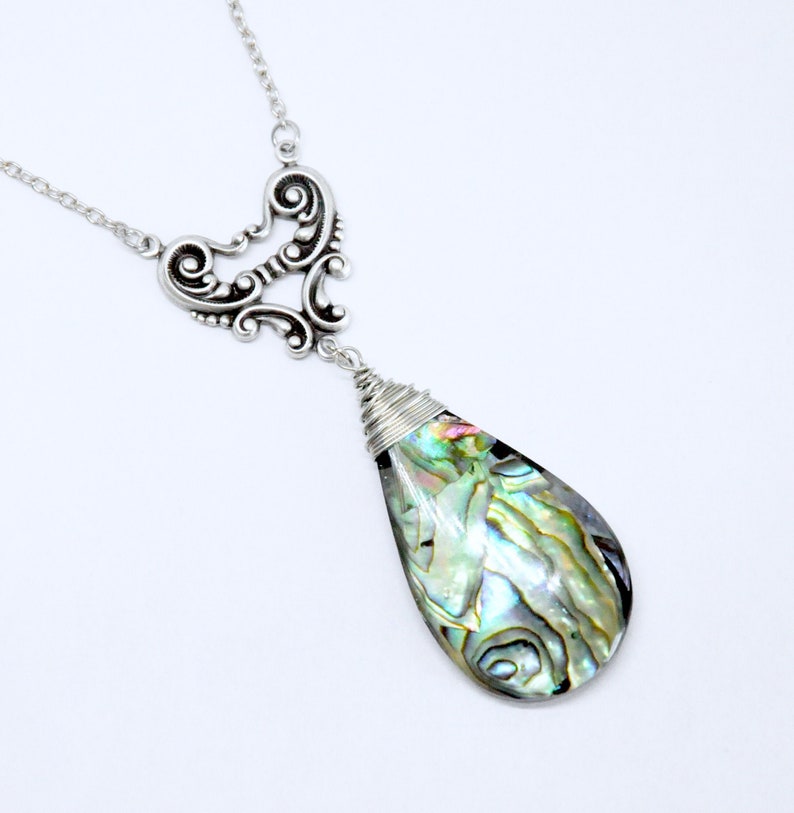 Large Paua Shell Necklace Abalone Necklace Romantic Paua Shell Jewelry Antique Silver Teardrop Pendant Necklace Heart Filigree