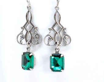 Art Deco Emerald Earrings, Art Nouveau, Emerald Cut Octagon Earrings, Antiqued Silver Filigree, Green Rhinestone Earrings, May Birthstone