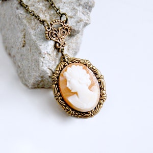Victorian Cameo Necklace: Carved Shell, Antiqued Brass, Art Nouveau Jewelry