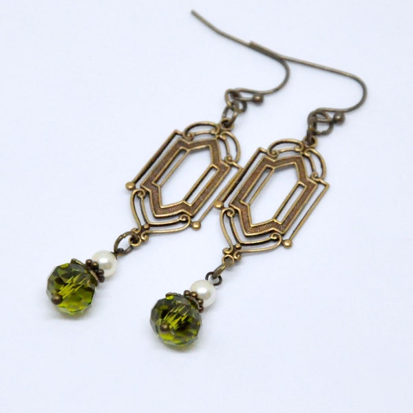 Art Deco Peridot Earrings, Green Dangle Earrings, Antique Brass Filigree, Olivine Crystal Earrings with Pearl, August Birthstone Jewelry