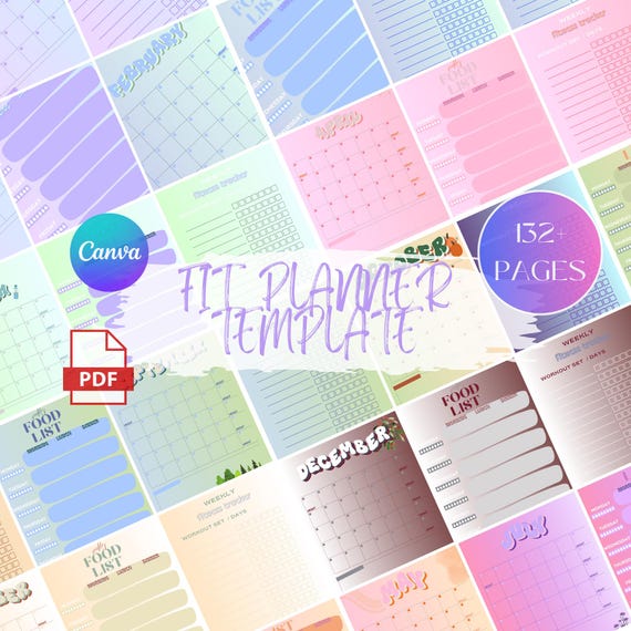 132 Page Feminine Fit Planner for Women | Weight Loss & Workout Journal | Canva Pro Template |  Printable PDF |  Meal and Exercise Tracker
