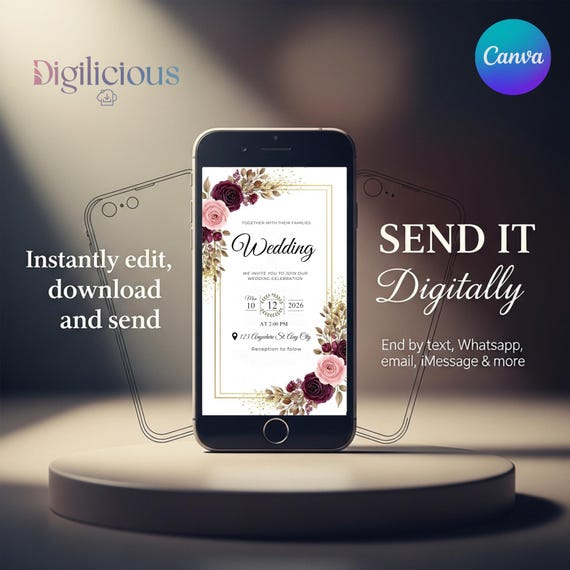 Modern Elegant Digital Save the Date | Mobile Wedding Invitation | Editable Canva Template | Smartphone Evite | Editable Mobile Evite
