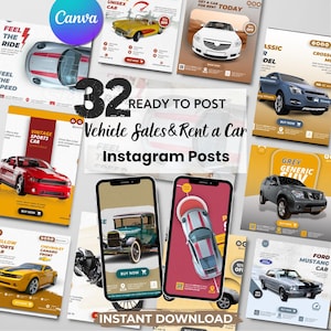 May include: A collection of 32 Instagram posts for vehicle sales and car rentals. The posts feature images of various cars, including vintage models, sports cars, and modern vehicles. The posts are designed with a variety of colors and layouts, with text overlays.