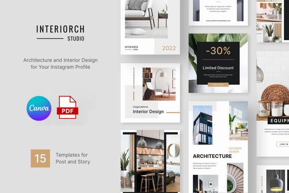 Interiorch – Architecture Instagram Template | Interior Design Canva Posts & Stories | Modern Minimal Social Media Kit