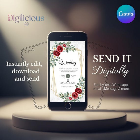 Elegant Floral Wedding Invitation Template | Editable Canva E-vite | Modern Digital Invite for Smartphone | Instant Download