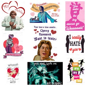 May include: A collage of nine Valentine's Day cards featuring various characters and messages. The cards are decorated with hearts and other romantic imagery. The text on the cards includes phrases like "You have a certain special sumthin'" and "I really hate you".