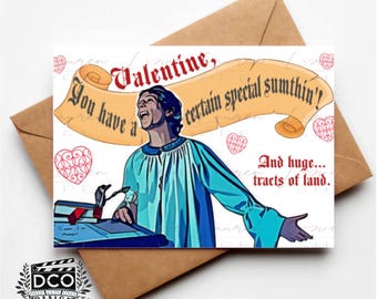 Może przedstawiać: Kartka walentynkowa z kreskówkową ilustracją mężczyzny w niebieskiej szacie, z tekstem "Valentine, You have a certain special sumthin' And huge... tracts of land."
