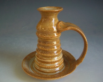 Hand-Thrown Stoneware Candle Holder, Gold Sand Glaze, Artist Signed