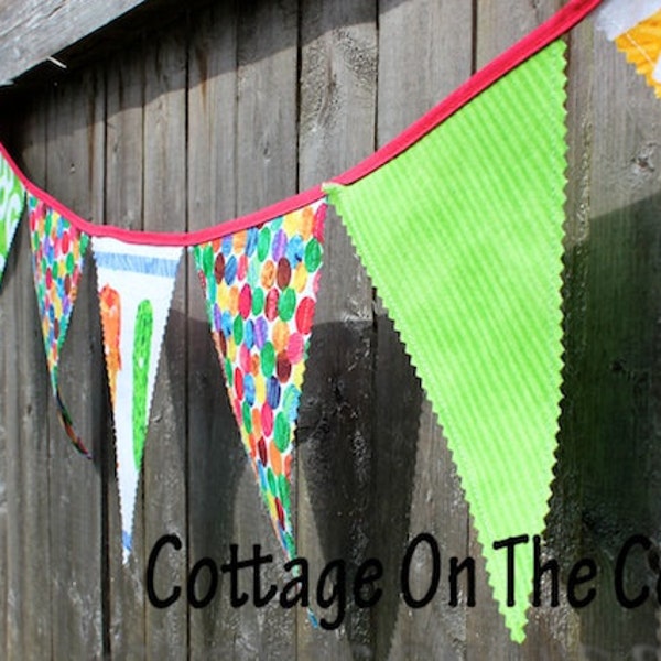 Birthday Party Flags ...Made With Very Hungry Caterpillar Fabric--Made to Order--