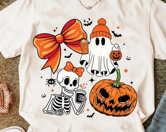 Fantasma de Halloween vintage PNG: lazo de calabaza floral, diseño retro a cuadros (descarga digital)