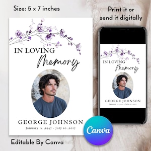 Pode incluir: Um cartão de memória com o texto "IN LOVING Memory" e uma foto de um homem. O cartão mede 12,7 x 17,8 cm. O nome "GEORGE JOHNSON" e as datas "14 de janeiro de 1947 - 10 de julho de 2017" também estão incluídos. O texto "Editable By Canva" está na parte inferior.