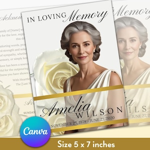 Plantilla de programa funerario de la Rosa Blanca para Canva, beige dorado, legal en EE. UU., celebración de la vida, plantilla de obituario para mujeres, 8 páginas, 5 x 7 pulgadas
