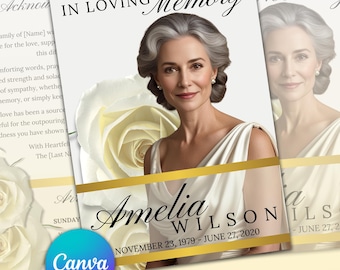 White Rose Funeral Program Template: Elegant Celebration of Life (Canva, 5x7, 8 Page)