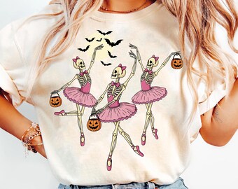 Halloween Skeleton Ballet PNG: Pink Pumpkins & Bats (Digital Download)