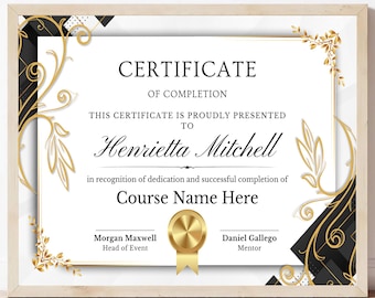 Modèle de certificat de fin de cours modifiable : design de luxe (toile, A4, téléchargement numérique)