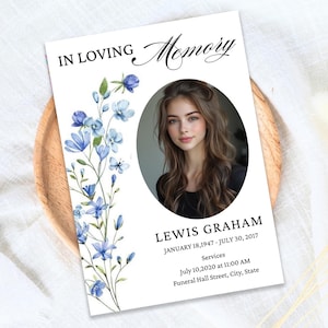 May include: A memorial card with the text "IN LOVING Memory" and a photo of a person. The card features blue floral watercolor illustrations. The text includes the name "LEWIS GRAHAM" and dates.
