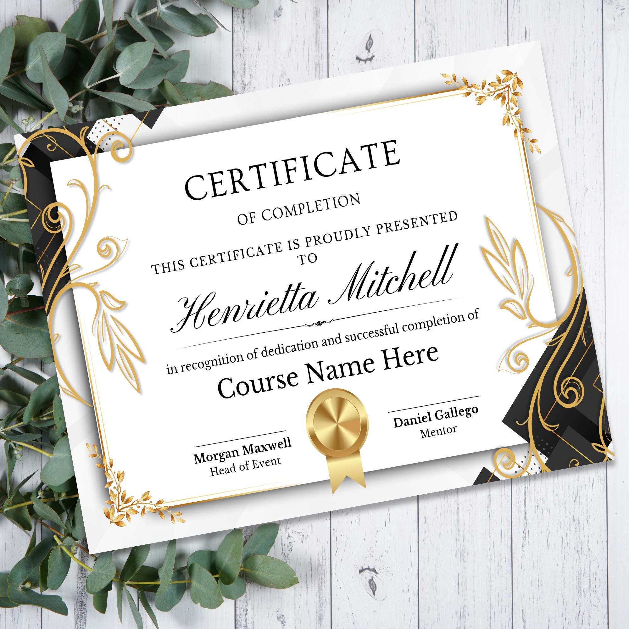 Editable Course Completion Ribbon Editable Course Completion Certificate Template: Luxury Design (canva ...