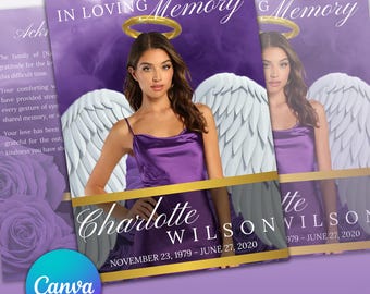 Purple Roses Funeral Program Template: 8-Page Memorial (Canva, Digital)