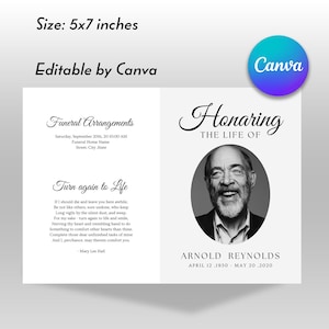 Może przedstawiać: Program uroczystości żałobnej, 12,7 x 17,8 cm, z tekstem "Funeral Arrangements" i "Honoring the Life of Arnold Reynolds". Zawiera czarno-biały portret i daty 12 kwietnia 1930 - 20 maja 2020.
