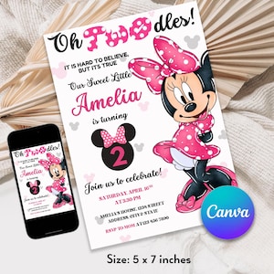 Editable Oh TWOdles Minnie Mouse Birthday Invitation, Digital 2nd birthday, Second Birthday Invite, Oh Twodles Invitation girl Minnie Invite