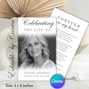 Può includere: Biglietto commemorativo con la scritta "Celebrating The Life Of" e una foto in bianco e nero di una donna. Il biglietto include il nome Aliana George e le date 23 settembre 1989 - 15 maggio 2025. Un secondo biglietto ha la scritta "Forever in my heart". Dimensioni: 7,6 x 12,7 cm.