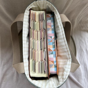 May include: An overhead view of a small tote bag with a green exterior and tan handles. Inside the bag are two books, one with labeled tabs and the other with a colorful geometric pattern. The bag is sitting on a striped surface.