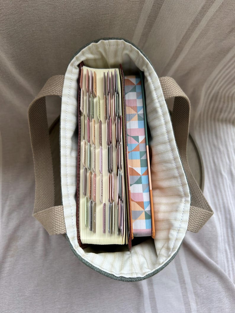 May include: An overhead view of a small tote bag with a green exterior and tan handles. Inside the bag are two books, one with labeled tabs and the other with a colorful geometric pattern. The bag is sitting on a striped surface.